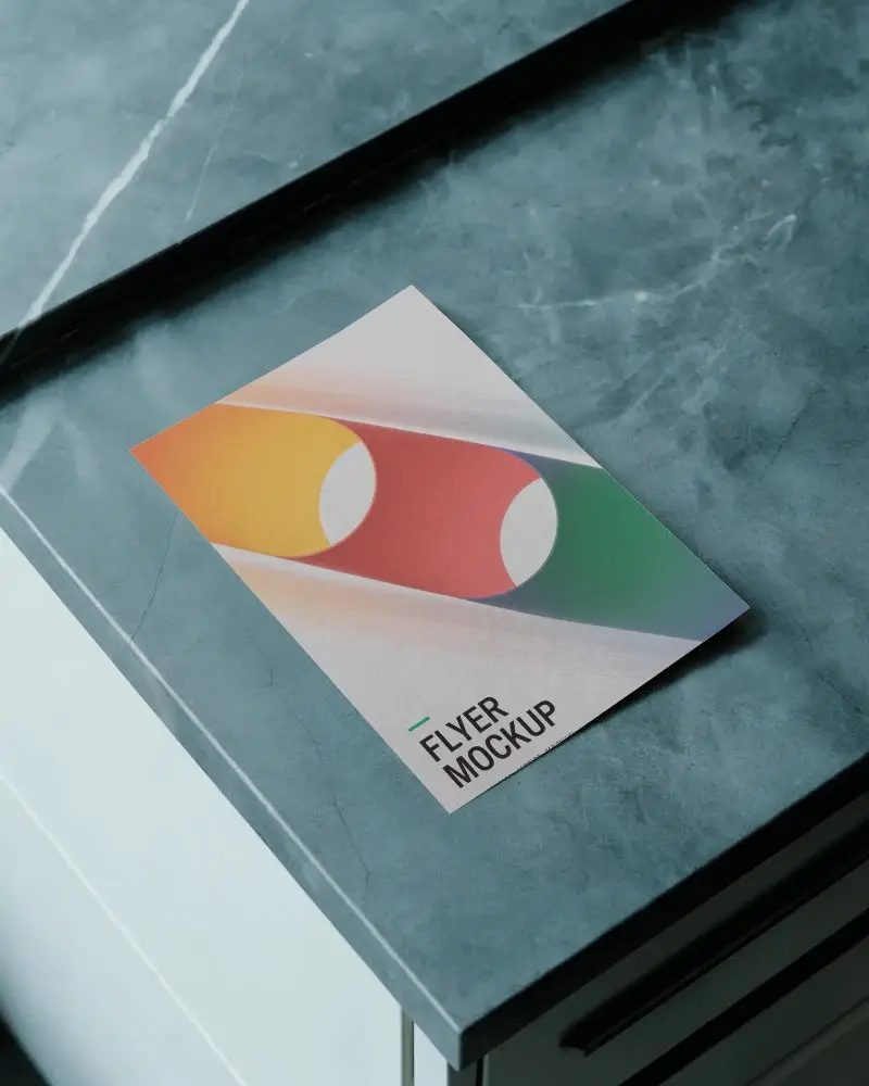 Dark Marble Textured Flyer Mockup On Polished Surface With Sleek Light Reflection