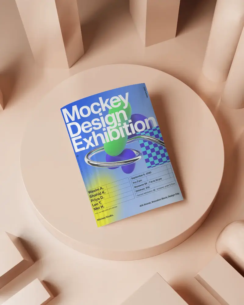 curved-flyer-mockup-on-peach-podium-with-surrounding-abstract-shapes-and-glossy-light