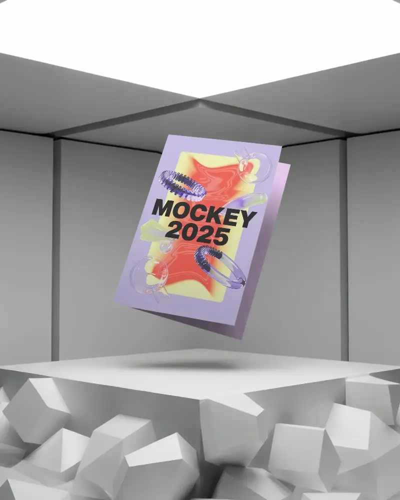 Modern Flyer Mockup Floating Above Abstract Geometric Platform With Cubes Background 0320