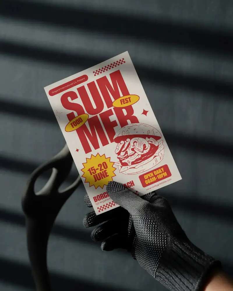 Hand Holding Blank Flyer Mockup With Texture Background And Soft Shadow Overlay 0328