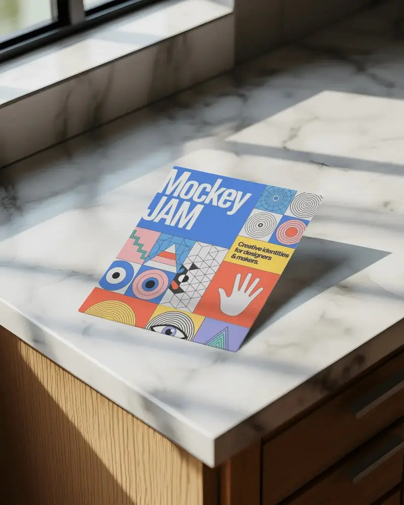 flyer-mockup-standing-on-marble-surface-with-wood-cabinet-background-and-soft-shadowing
