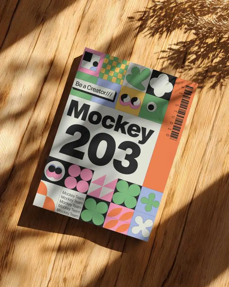 High Quality Flyer Mockup Floating Over Wooden Texture With Organic Shadows Background