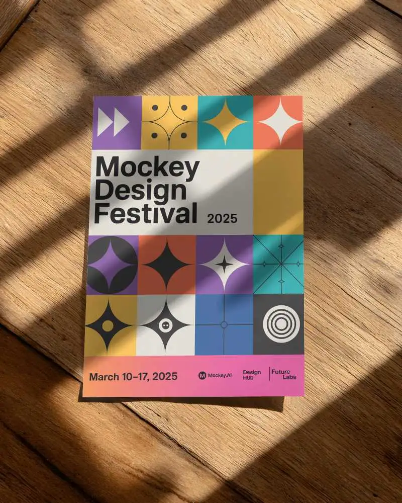 Flyer Mockup With Natural Light Shadows On Wooden Texture Background Showcasing Design