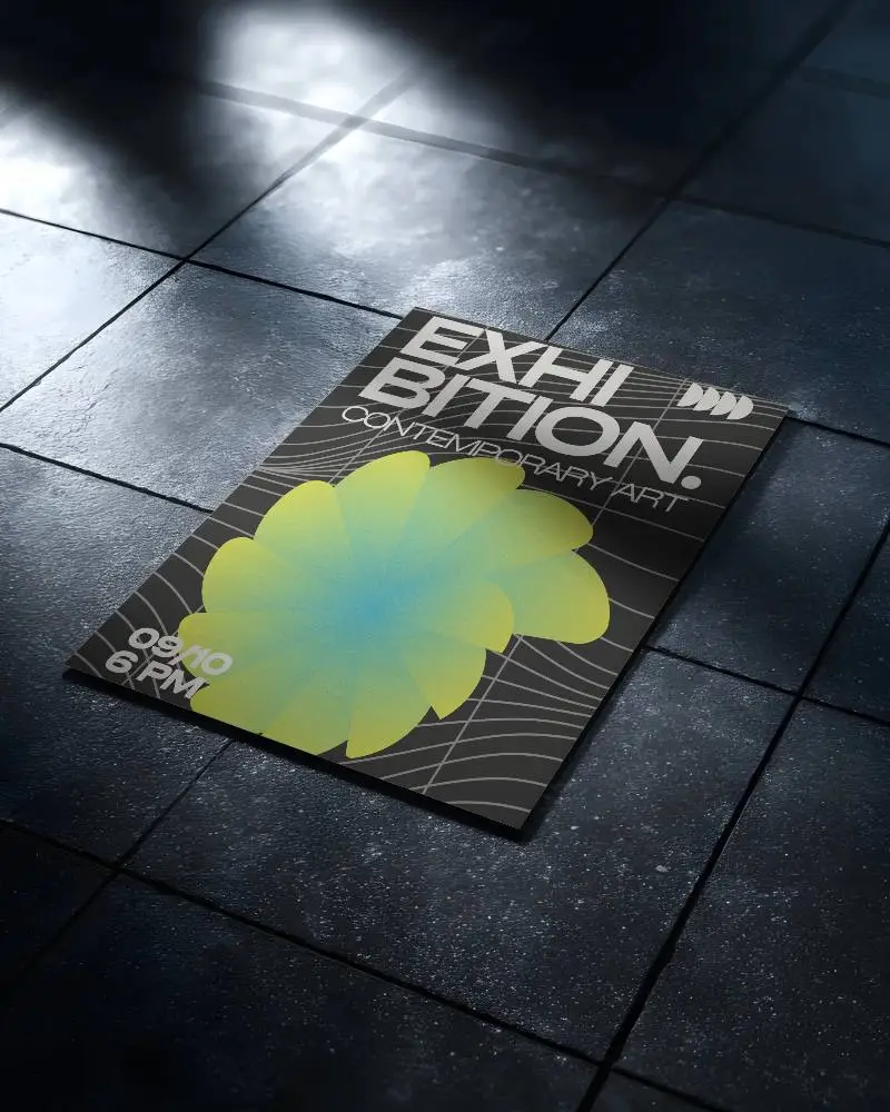 Photorealistic Flyer Mockup On Textured Tile Floor With Natural Light Shadows