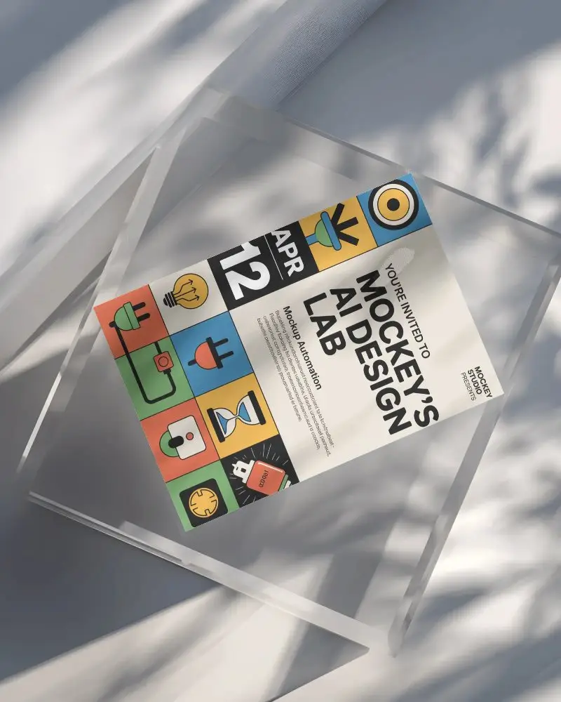 Modern Flyer Mockup Floating On Transparent Acrylic Display With Soft Shadow