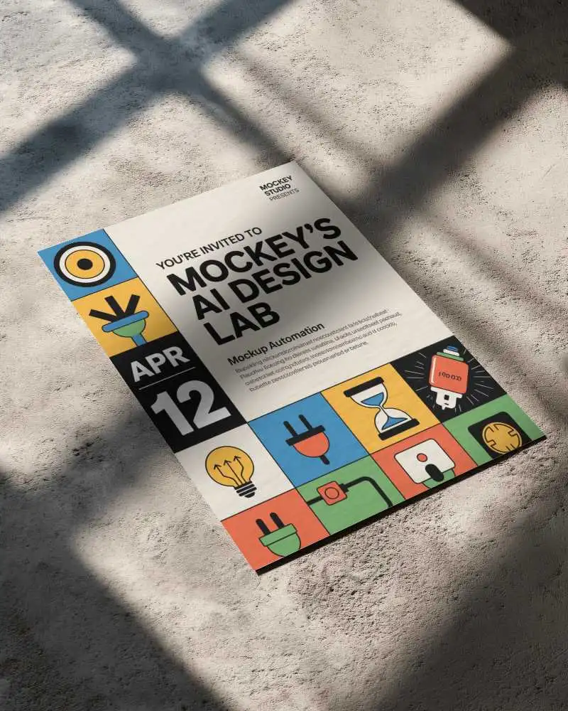 Realistic Shadowed Flyer Mockup On Rough Concrete Floor With Windowpane Reflections Overlay