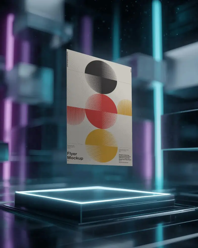 Futuristic Floating Flyer Mockup On Illuminated Platform With Glowing Modern Background