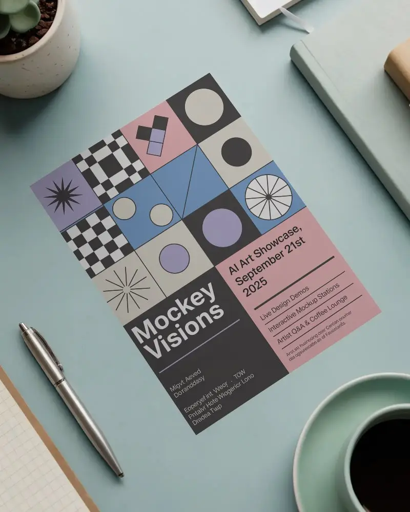 Blank Flyer Mockup On Clean Minimalist Desk With Office Supplies And Plant