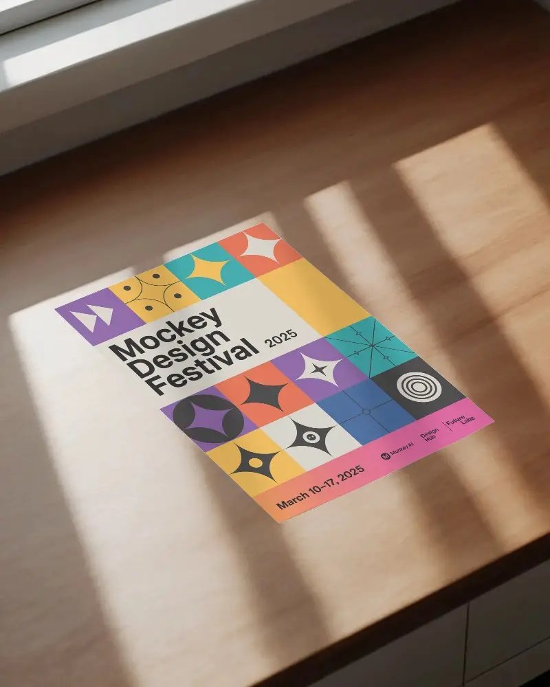 Minimalist A4 Flyer Mockup With Sunlight Shadows On Wood Texture Background