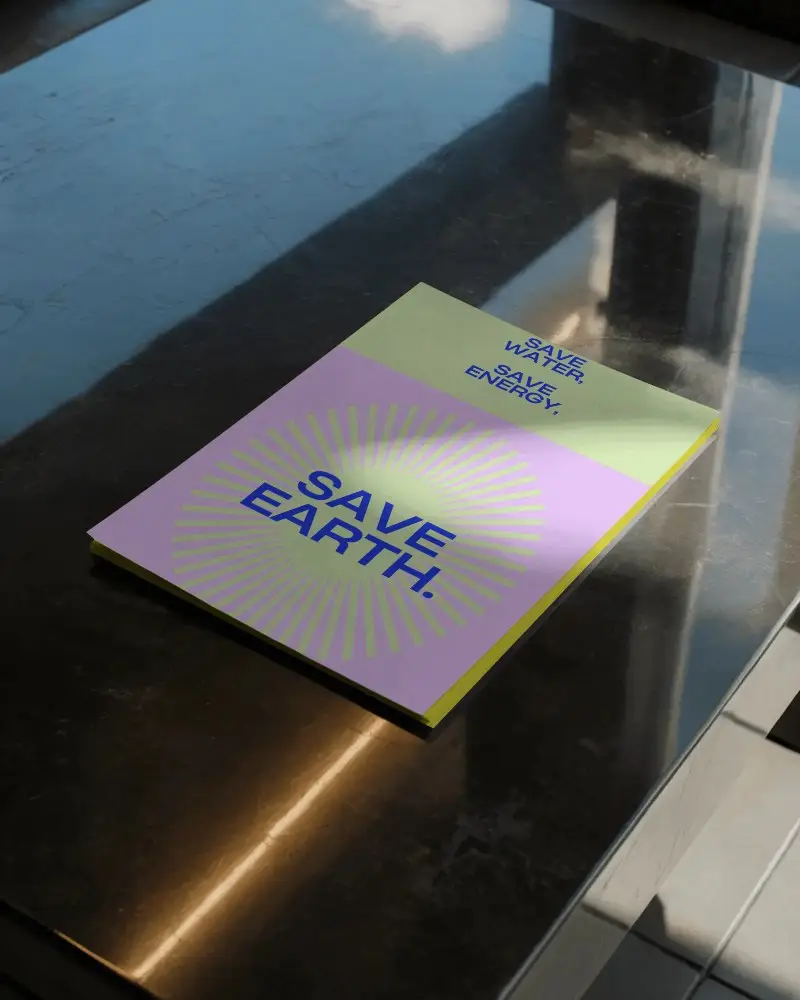 Sleek Flat Lay Flyer Mockup On Glossy Table With Natural Sunlight Shadows