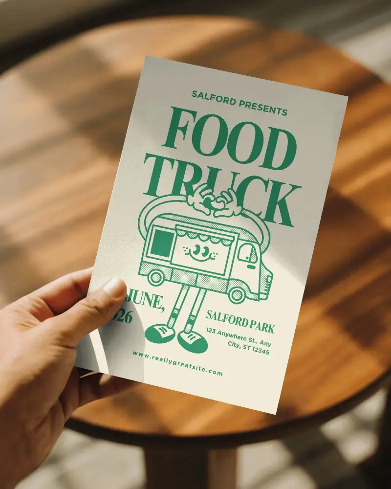 Hand Holding Clean Flyer Mockup Round Wooden Table Bright Natural Light Background