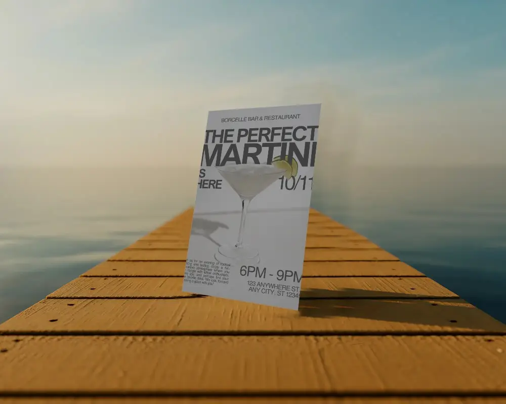 Elegant Minimalist Flyer Mockup Standing On Wooden Bridge Over Calm Water Background