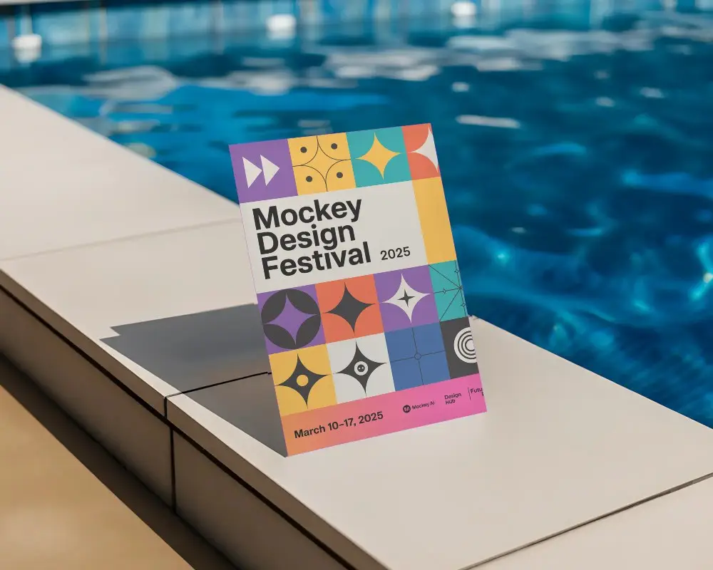 Clean Flyer Mockup Standing Outdoor Next To Swimming Pool Surface