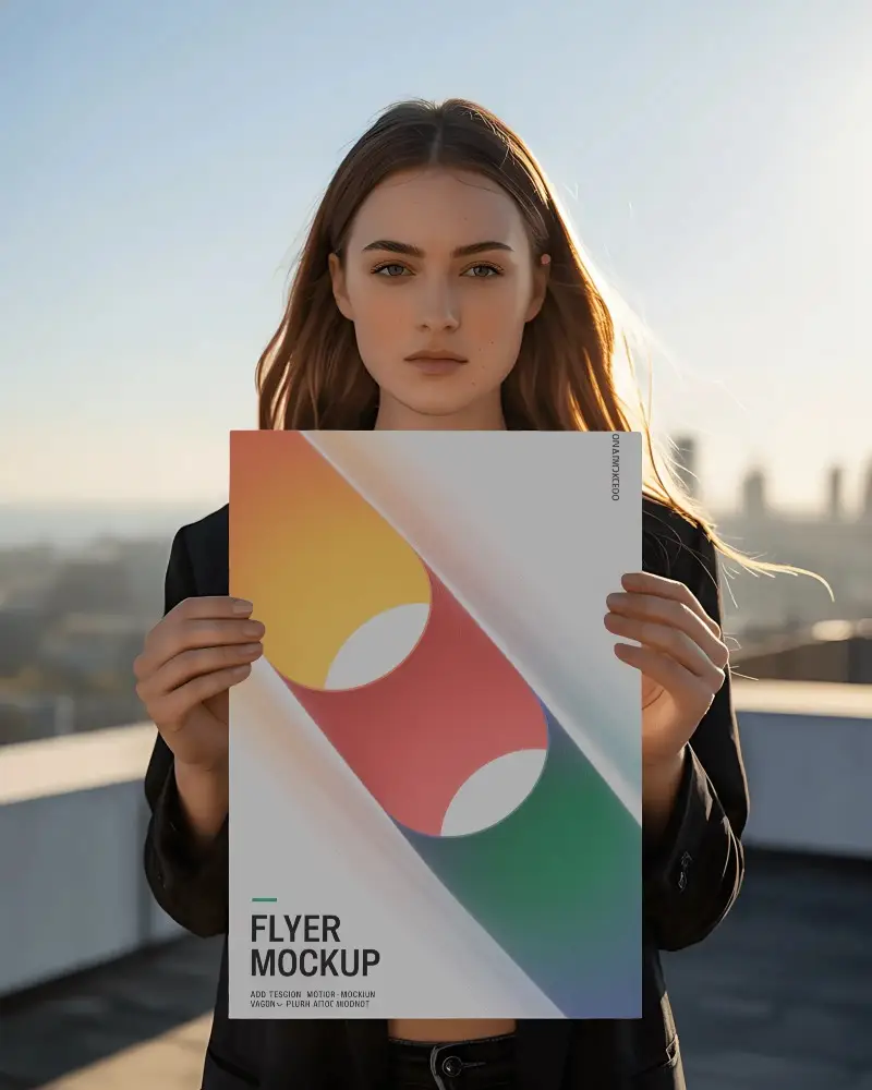 Young Woman Holding Blank Flyer Outdoor Rooftop Cityscape Background Mockup