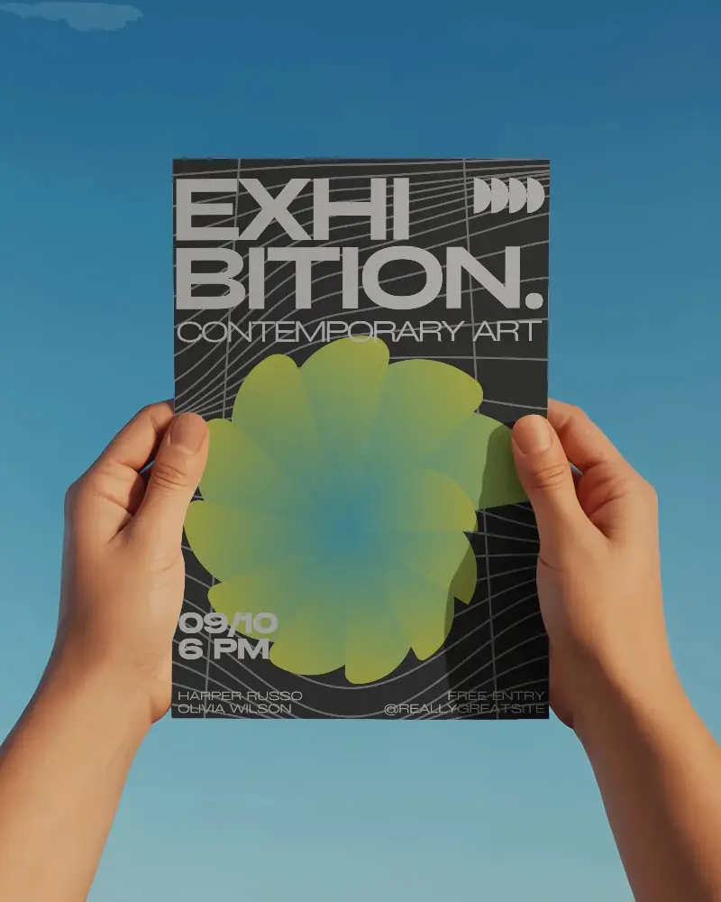 Blank Flyer Mockup Held By Two Hands Against Clear Sky Background For Design Display