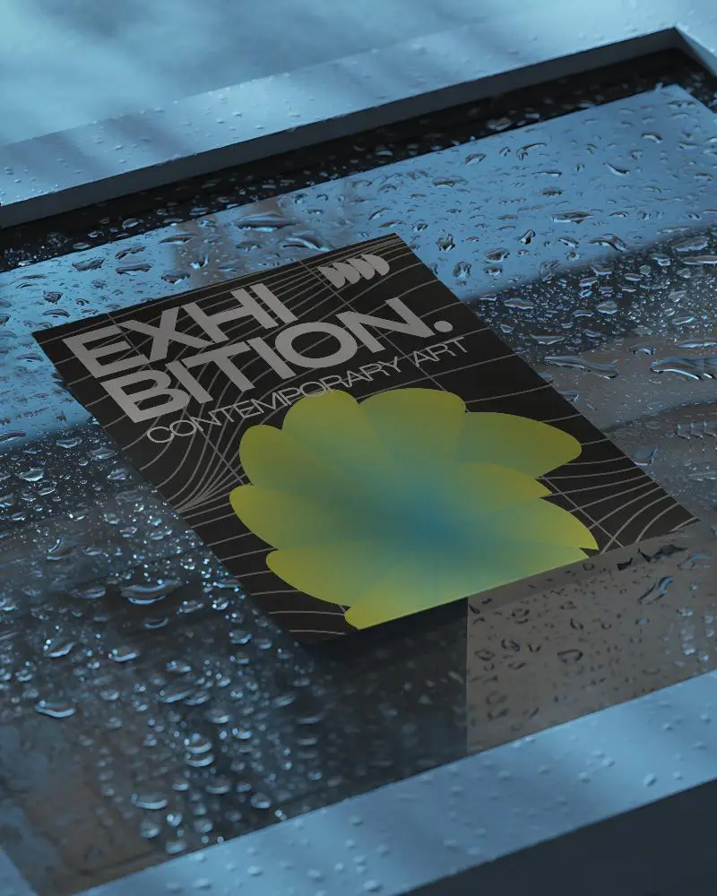Sleek Minimalist Flyer Mockup On Textured Wet Surface For Premium Design Presentation