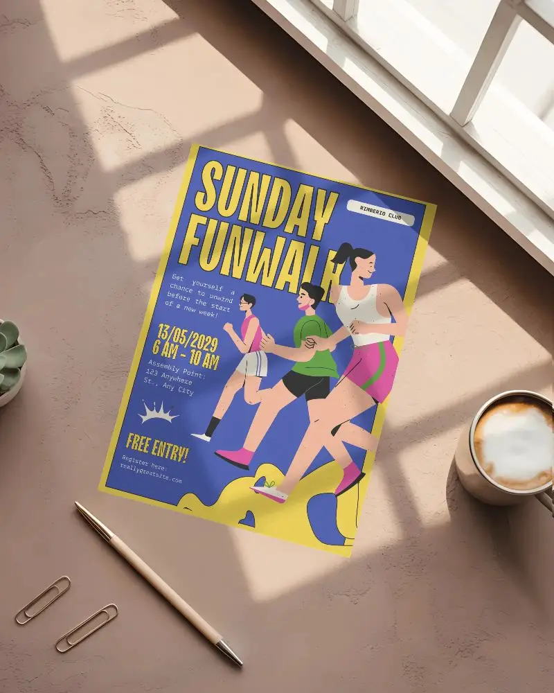 Blank Single Flyer Mockup On Textured Surface With Pen Cup And Paper Clips