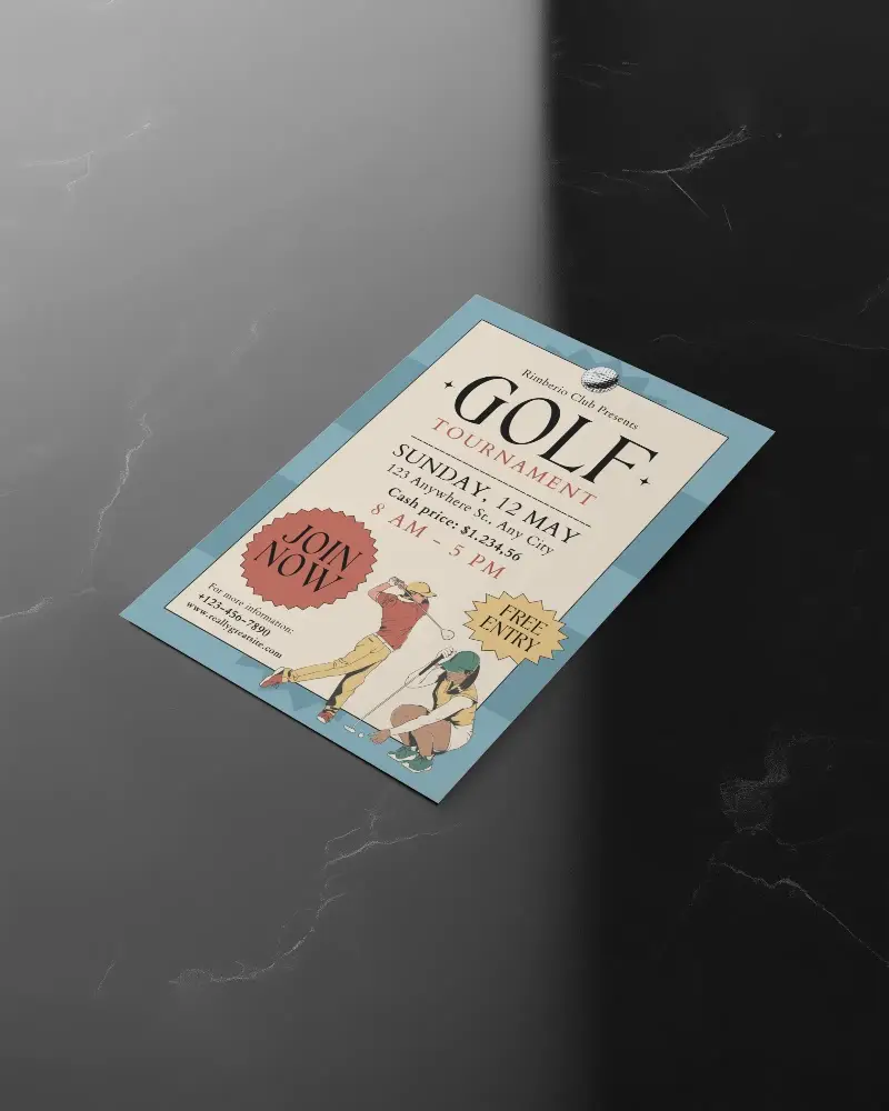 Elegant Top View Flyer Mockup On Black Marble Surface With Fine Veining And Smooth Light Fade Gradient