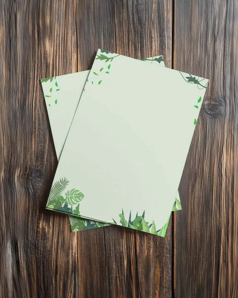 Top View Stacked Flyers On Textured Wood Grain Background Rustic Branding Style 0120