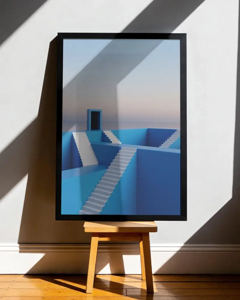 Modern Frame Mockup Against Shadowed Wall Wooden Stand Minimalist Interior Design