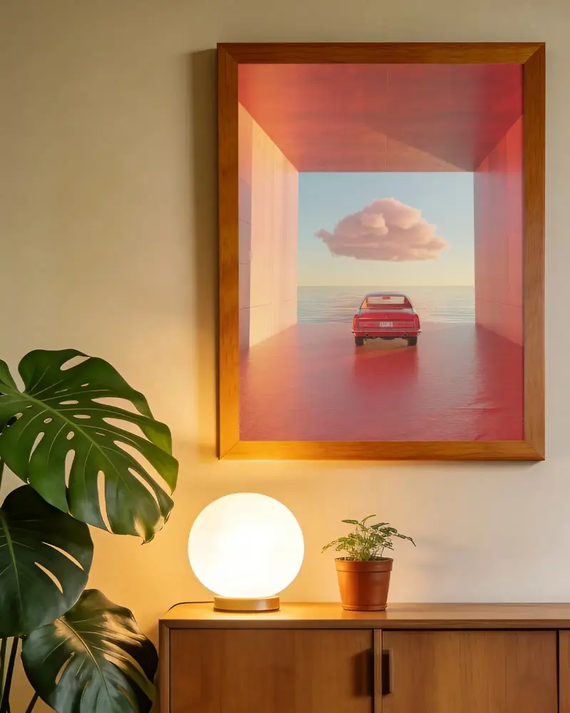 Modern Wood Frame Mockup With Globe Lamp And Tropical Plants For Interior Decor