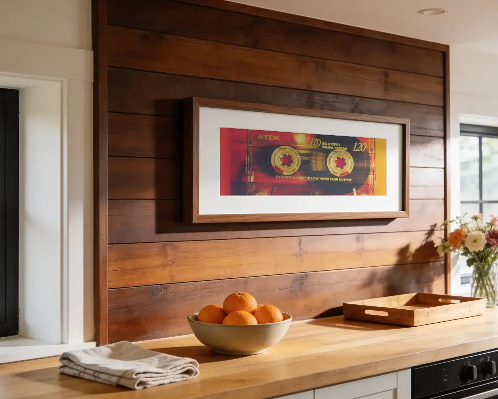 Modern Wooden Frame Mockup On Rustic Wood Panel Wall Over Kitchen Countertop With Fruit Bowl