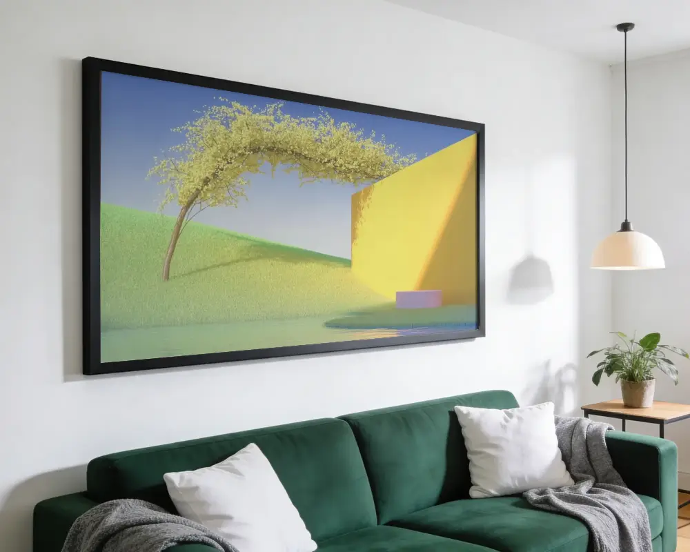 Large Wall Frame Mockup Above Luxurious Couch In Modern Minimalist Living Room