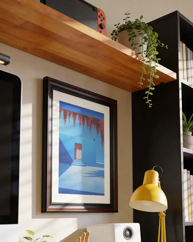 Styled Interior Frame Mockup With Shelf Lamp And Potted Plant For Digital Art Presentation