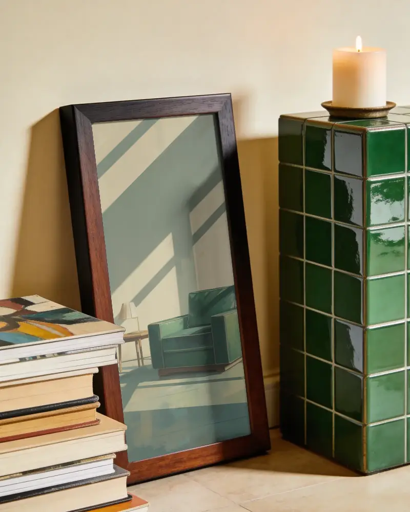 Rectangular Frame Mockup Wood Texture Placed On Floor Next To Decorative Tiled Stand