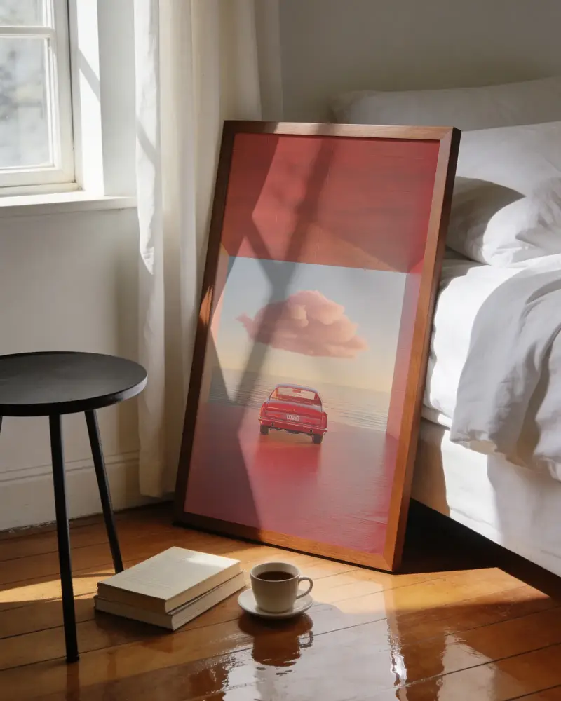 Minimalist Bedroom Frame Mockup With Coffee Cup And Books Wooden Floor Window Light