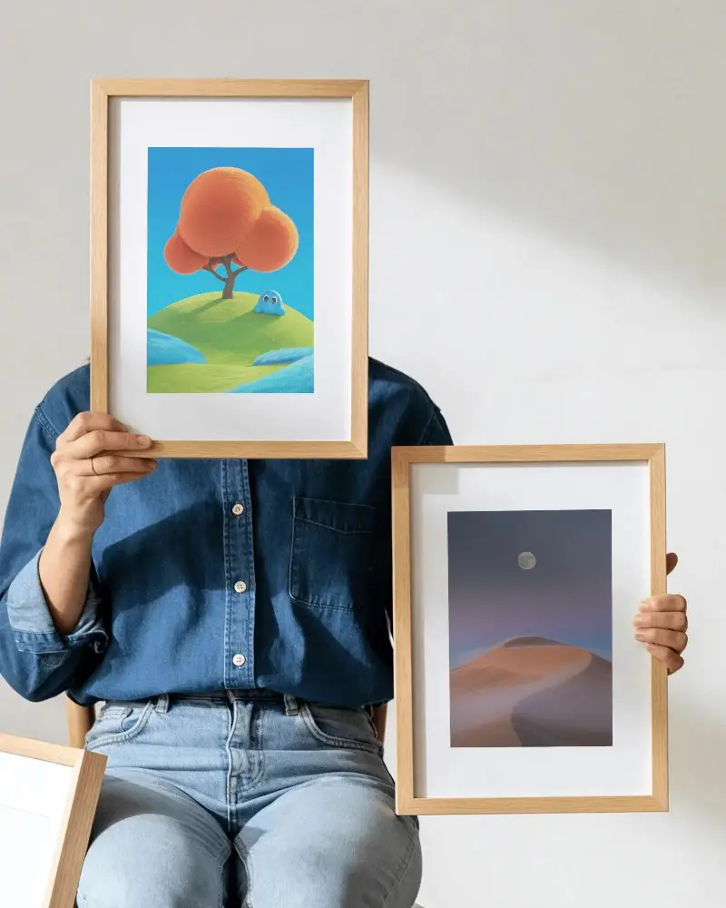 Person Holding Wooden Frame Mockups Portrait And Landscape Photo Print Display
