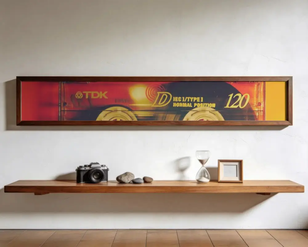 Horizontal Long Wooden Frame On Textured Wall Above Modern Floating Shelf Decoration