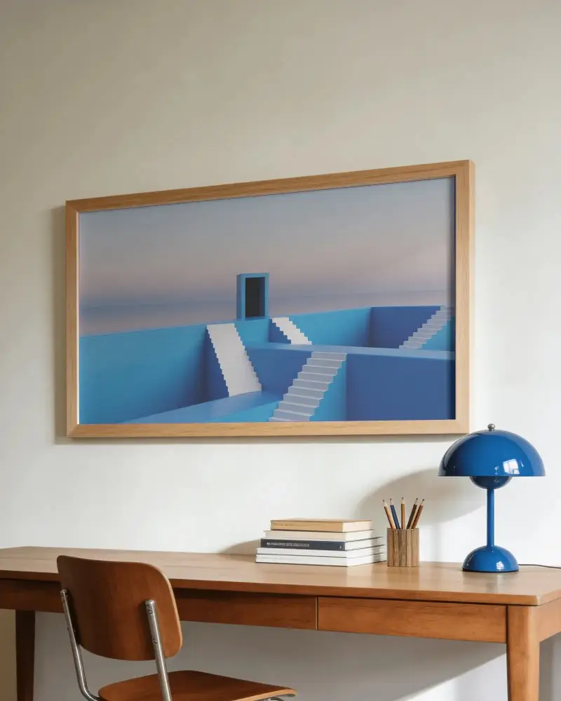 Wooden Frame Wall Art Mockup Above Minimalist Desk With Books And Modern Lamp Style