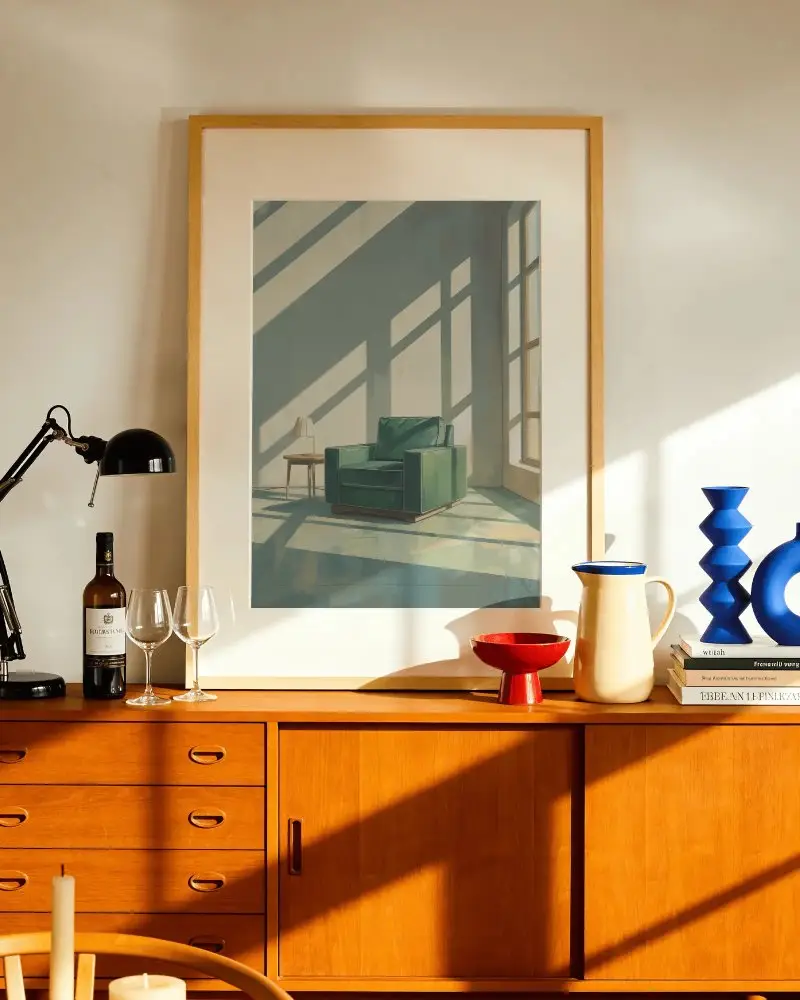 Minimalist Interior Design With Frame Mockup And Artistic Accessories On Wooden Cabinet