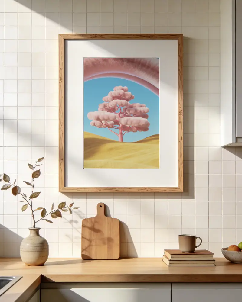 Minimalist Wooden Frame Mockup In Kitchen Setting With Natural Light And Decor Elements