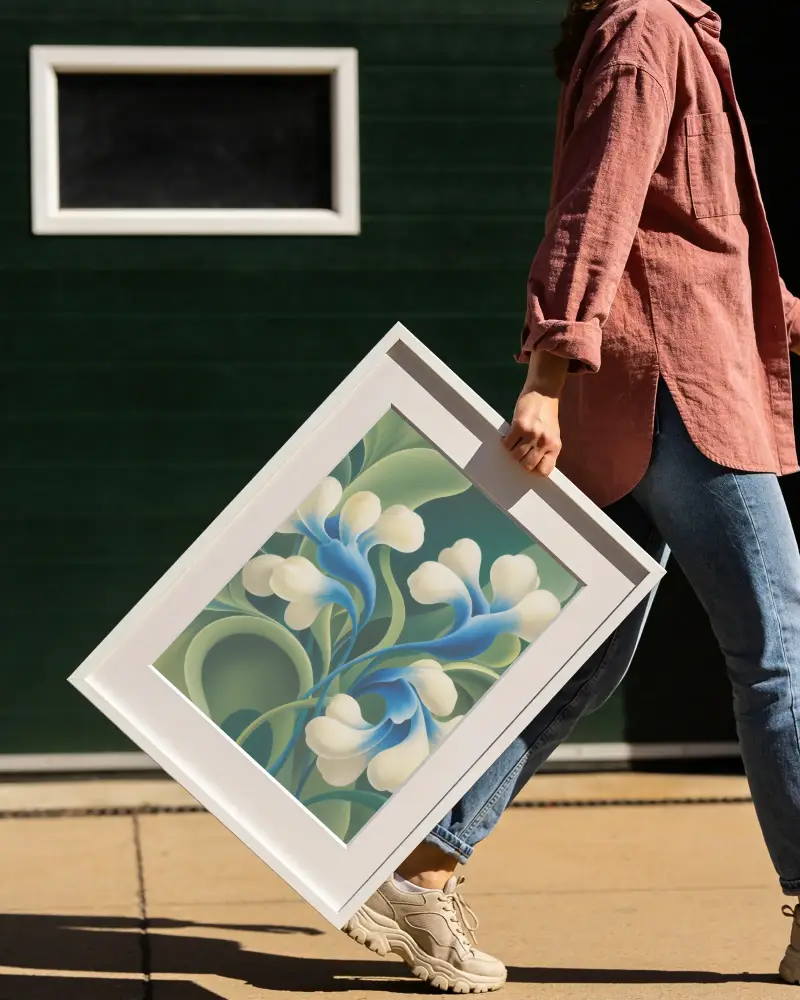Women Holding Large Frame Mockup Outdoor Walking Shadow Casual Style Background