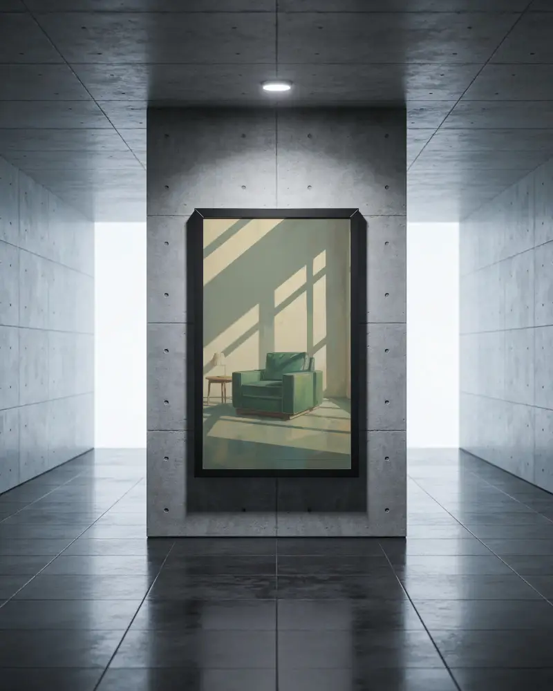 Vertical Gallery Frame Mockup On Concrete Wall With Subtle Shadow And Futuristic Room Ambiance