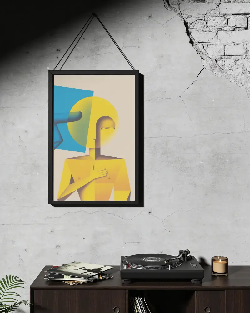 Photo Frame Mockup Hanging On Cracked Wall Above Wooden Cabinet With Vinyl And Candle