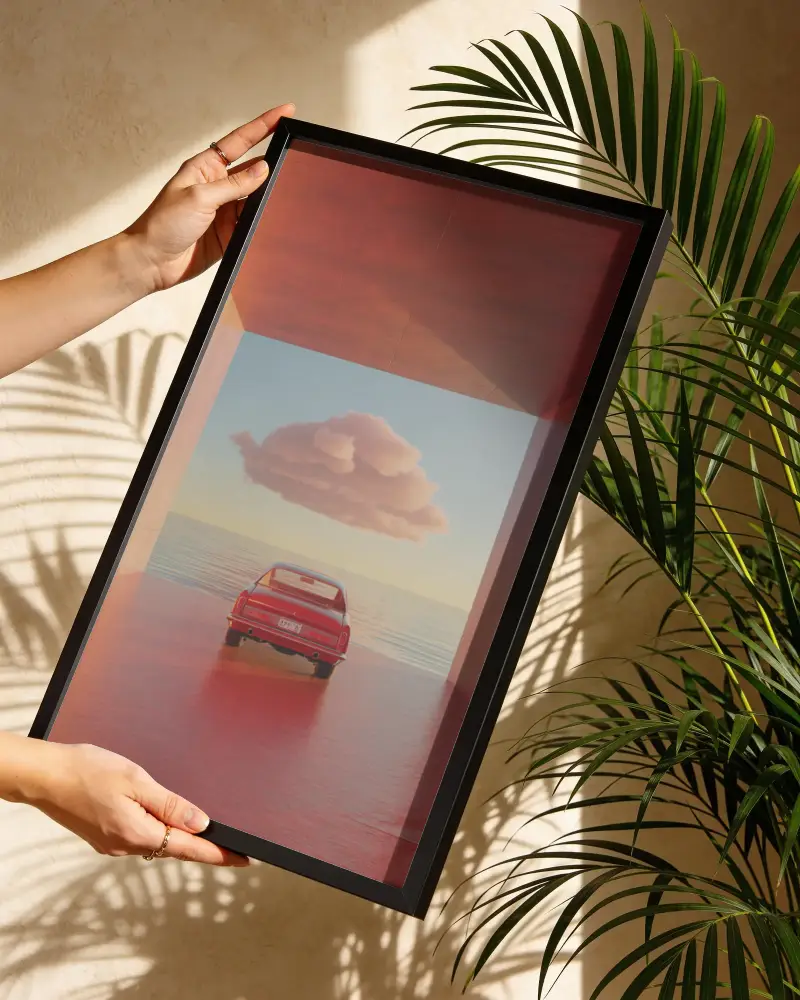 Realistic Vertical Frame Mockup Held By Hands In Natural Light Setting With Greenery