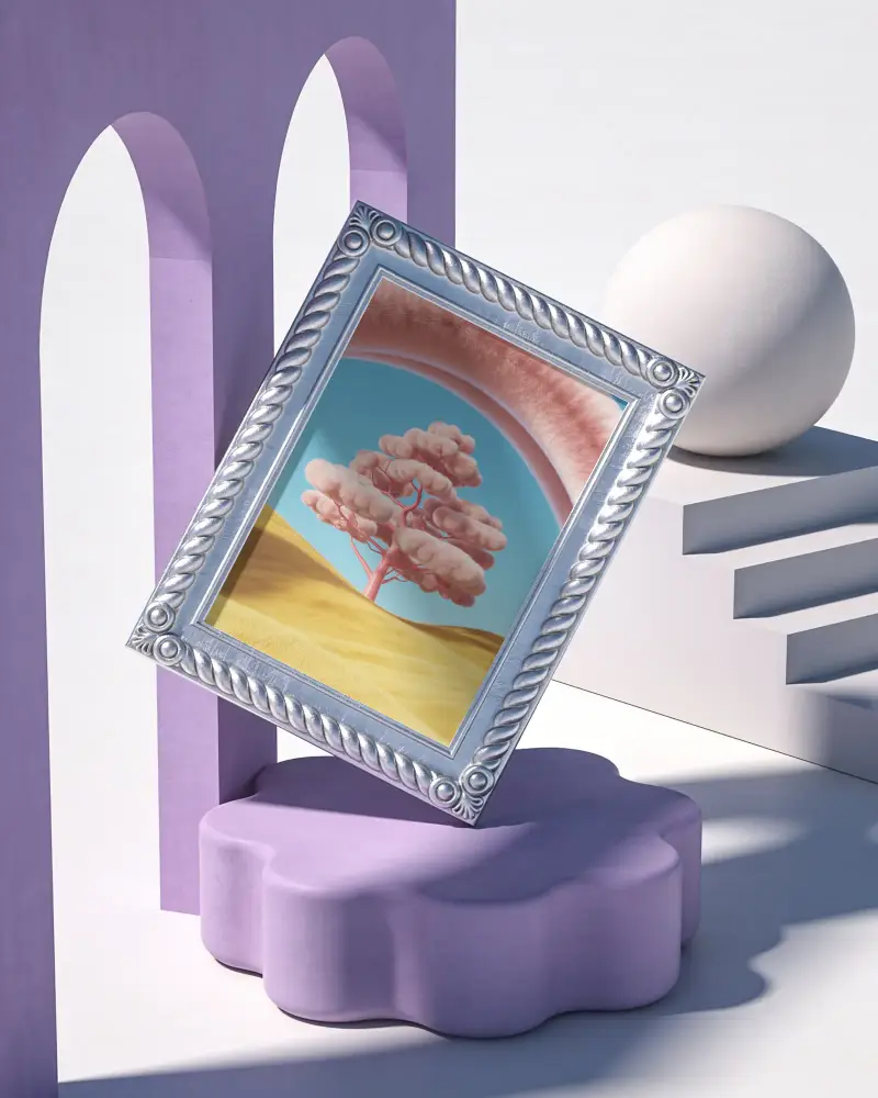 High Quality Vintage Frame Mockup With Geometric Steps And Round Sculptural Background
