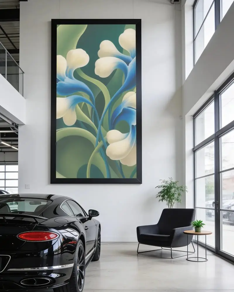 Sleek Modern Wall Frame Mockup In Luxury Car Showroom With Natural Light