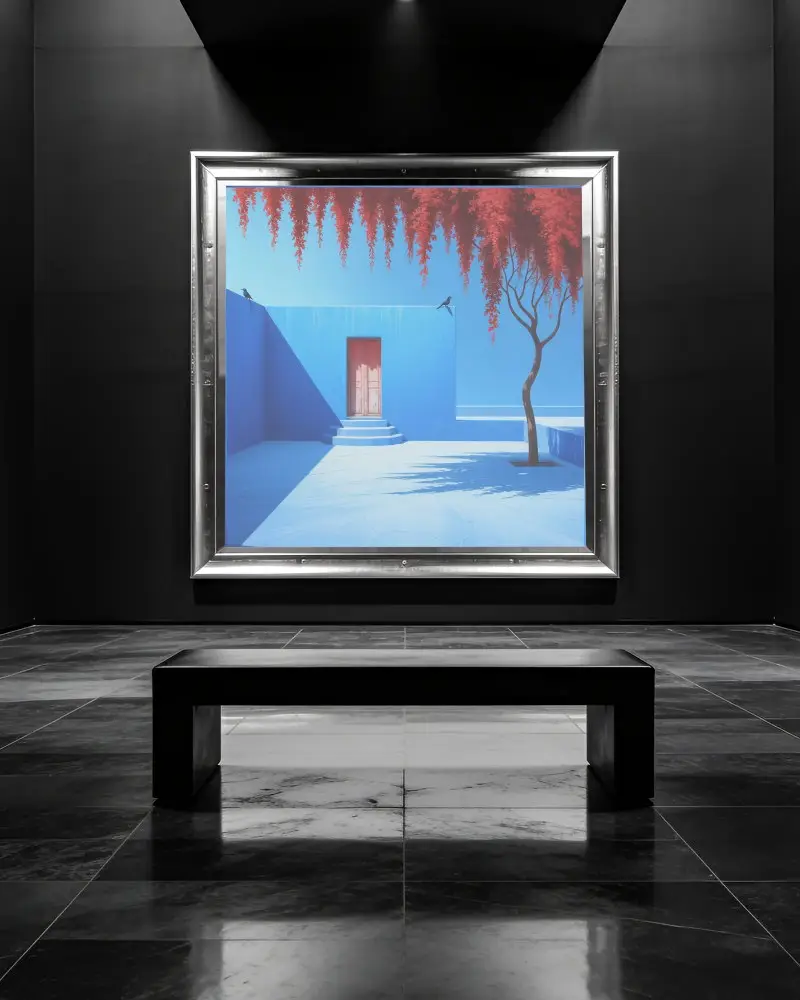 Empty Gallery Frame Mockup With Modern Minimalist Bench And Reflective Marble Floor