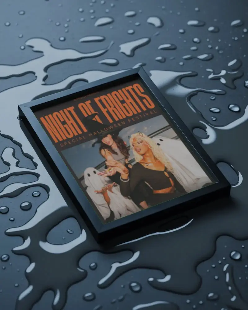 Sleek Modern Rectangular Wall Frame Mockup With Water Drops Around For Design Presentation