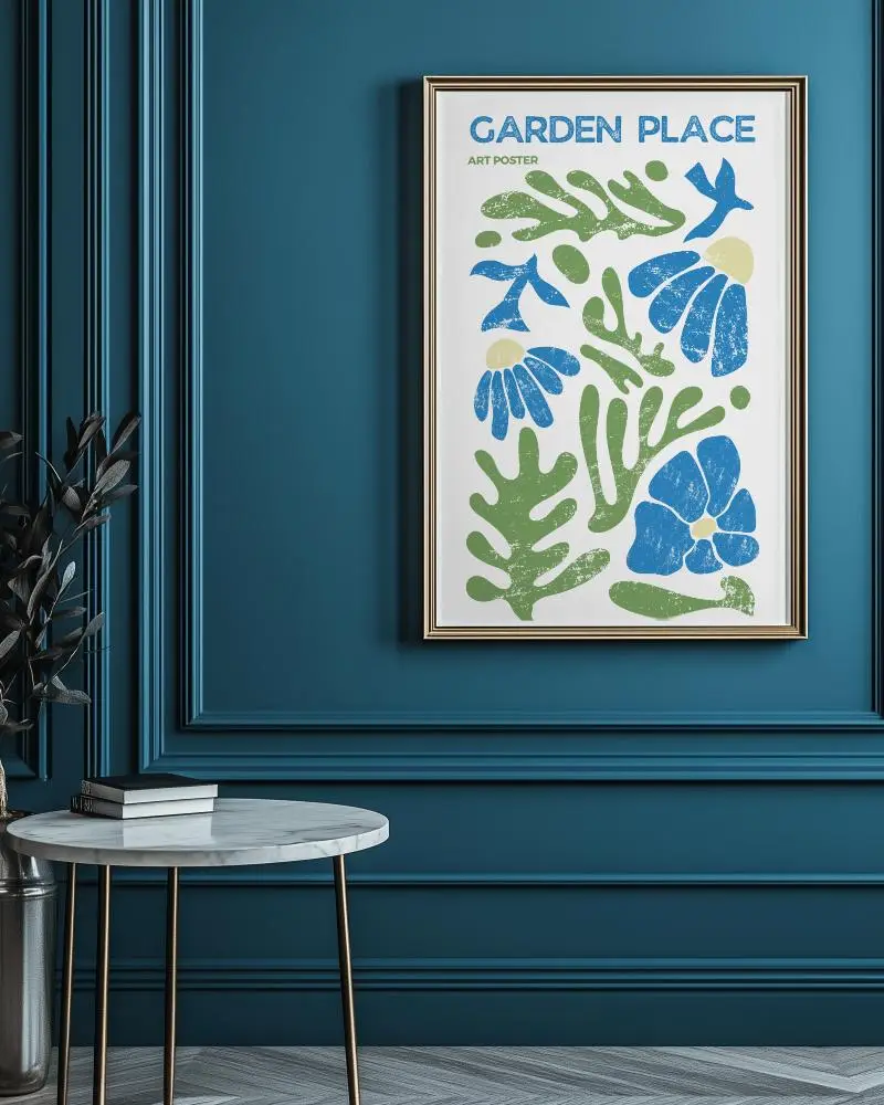 Modern Interior Frame Mockup Colorful Botanical Art Poster On Teal Wall Gold Trim Frame Minimalist Marble Table Books And Potted Plant 0200