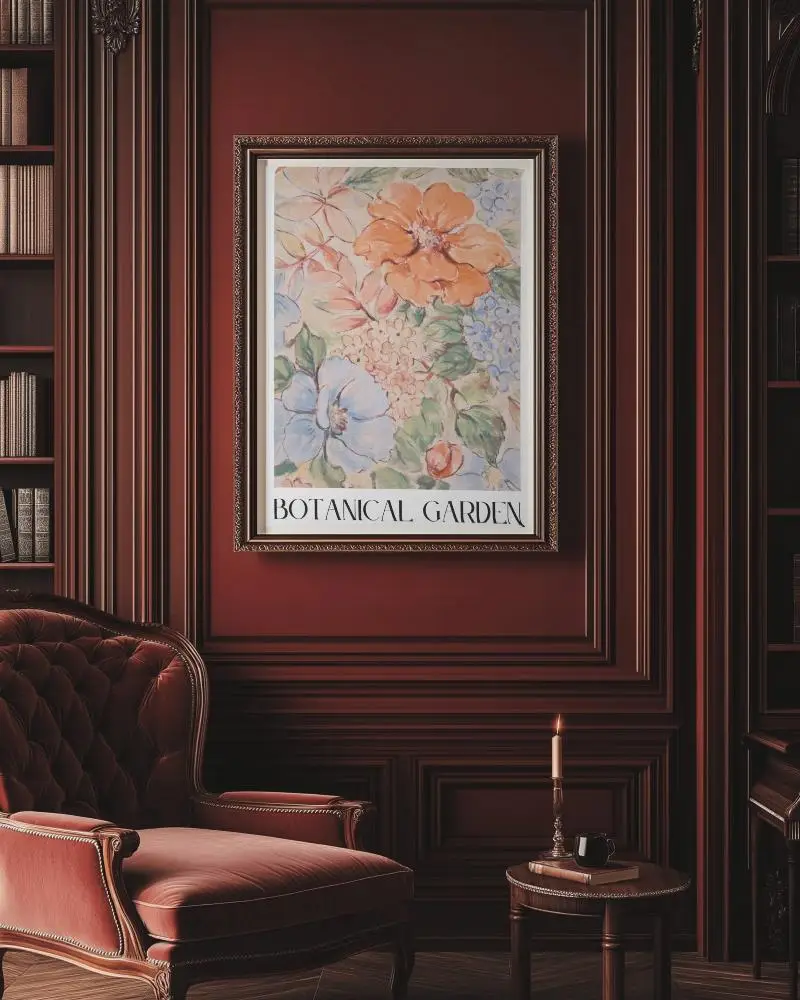 Ornate Library Frame Mockup Floral Artwork In Classic Wood Paneled Study With Vintage Leather Chair And Lit Candle 0201