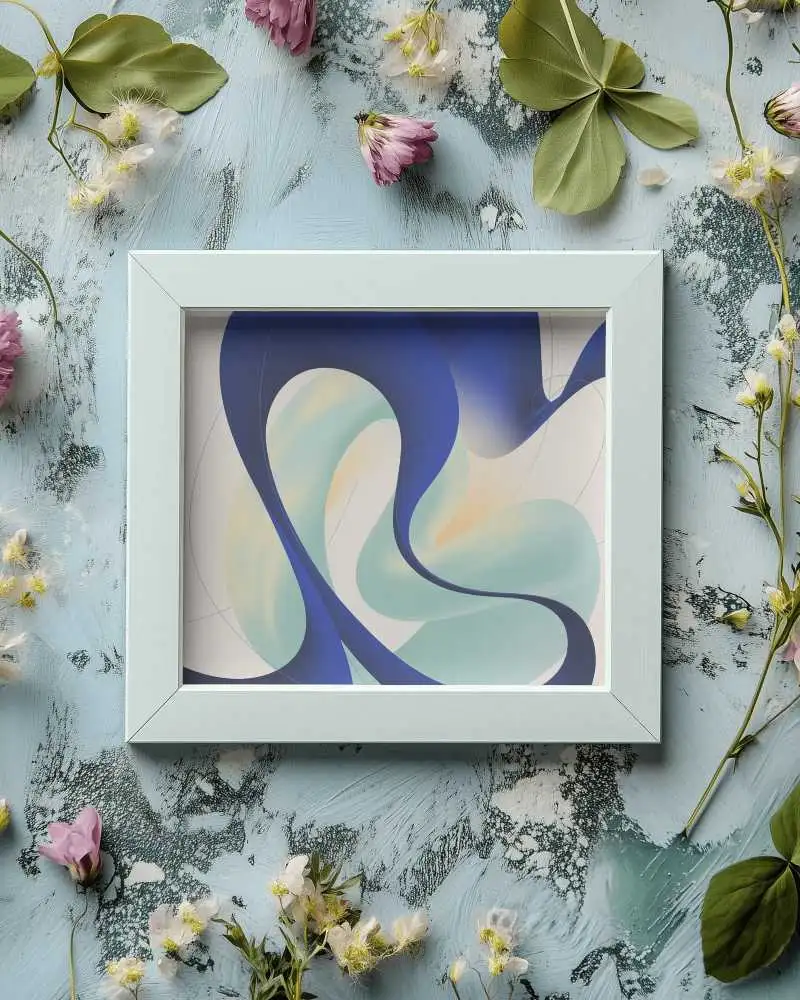 Blank Photo Frame Mockup On Patterned Background With Natural Flowers And Greenery Arrangement