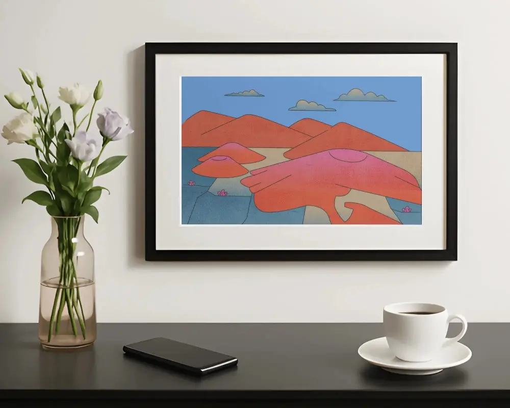 Modern Horizontal Wall Frame Mockup On Minimalist Desktop With Vase Flowers And Coffee Cup