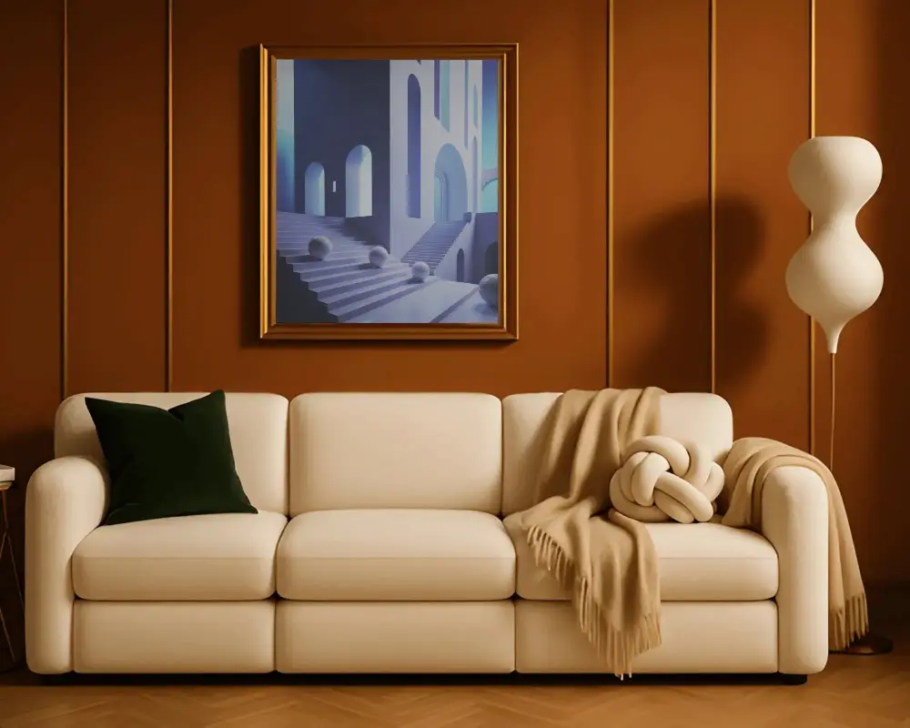 Elegant Living Room Wall Frame Mockup Above Modern Sofa With Decorative Pillows