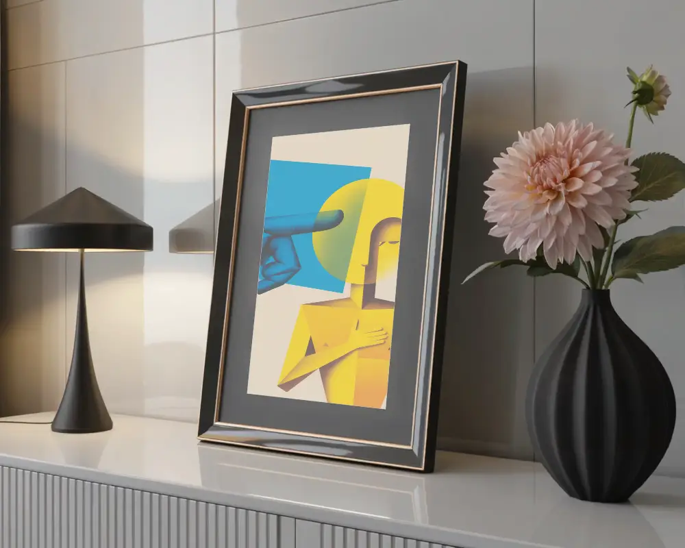 Modern Minimalist Frame Mockup For Decorative Poster Display With Flower Vase And Table Lamp 0295