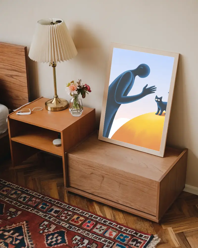 Modern Wooden Frame Mockup On Bedroom Floor With Floral Vase And Lamp Accessories 0296